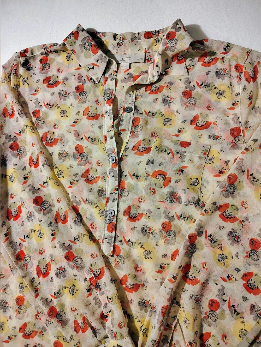 LOFT Floral Button-Up Shirt in Cream with Orange and Yellow Flower Print Size MP